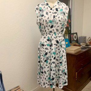 Vintage 70s Leaf Print Lined Elastic Waist Sleeveless Dress Size M/L